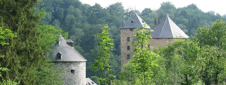 Wenn man den Wald verlässt, eröffnet sich der Blick auf die Burg Reinhardstein