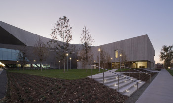 View of the exterior of the Clyfford Still Museum. The Museum is a minimalist showcase for the large-scale paintings and archives of the namesake Abstract Expressionist.