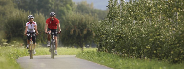 Radfahren zwischen Apfelbäumen